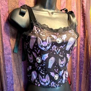 Batty Pastel Goth Coquette Satin Lace Crop Top Dolls Kill Sourpuss Blackheart M